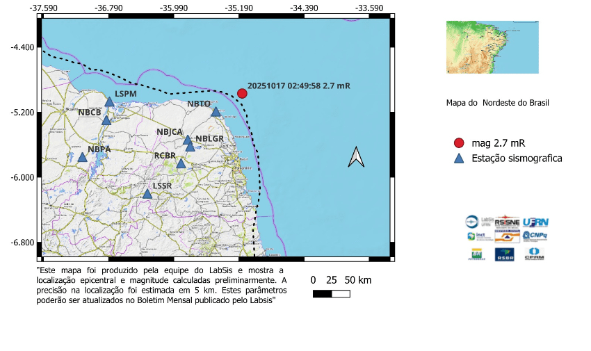 No momento, você está visualizando Tremor de terra registrado na costa atlântica do Brasil cerca de 42 quilômetros a nordeste do município de Touros (RN)