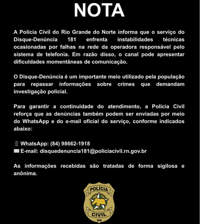 No momento, você está visualizando Disque-Denúncia 181 enfrenta instabilidade no RN; Polícia Civil orienta canais alternativos