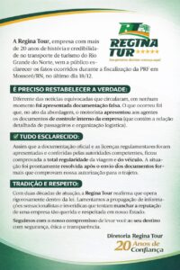 Leia mais sobre o artigo Empresa Regina Tur emite Nota de esclarecimento sobre os fatos que envolveu ônibus de sua propriedade