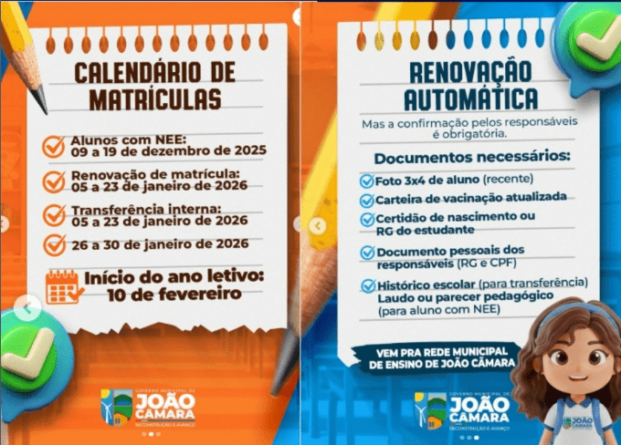 No momento, você está visualizando Prefeitura de João Câmara anuncia cronograma de matrículas da rede municipal de ensino para 2026