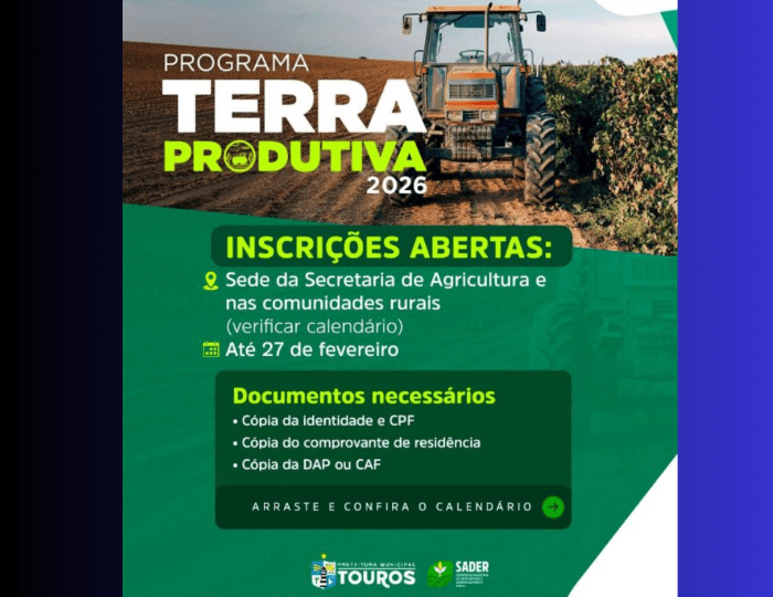 Leia mais sobre o artigo Prefeitura de Touros inicia inscrições para o Programa Terra Produtiva 2026