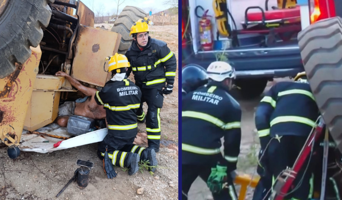 No momento, você está visualizando Máquina pesada tomba as margens de rodovia estadual e condutor fica preso às ferragens sendo salvo por bombeiros 