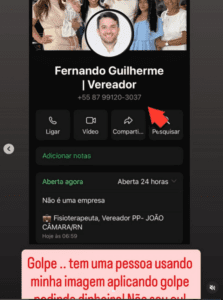 Leia mais sobre o artigo Golpistas usam imagem do presidente da Câmara de João Câmara para pedir dinheiro