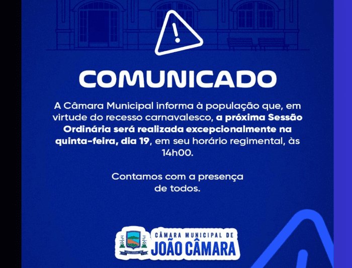 Leia mais sobre o artigo Câmara de João Câmara altera data da próxima sessão ordinária devido o feriado de carnaval