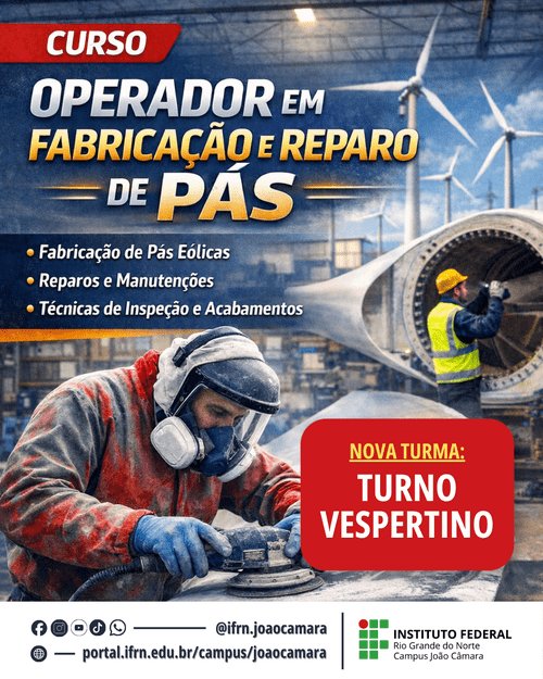 Leia mais sobre o artigo Lançado Edital para nova turma do curso de Operador em Fabricação e Reparação de Pás de Aerogeradores no IFRN Campus João Câmara