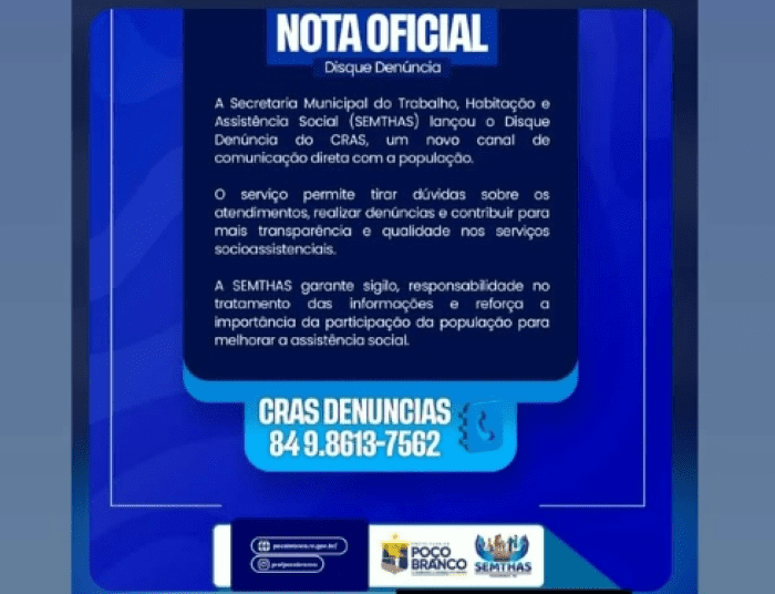 Leia mais sobre o artigo Prefeitura de Poço Branco lança “Disk Denúncia do CRAS” para fortalecer transparência nos serviços sociais