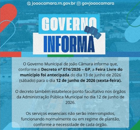 No momento, voc&ecirc; est&aacute; visualizando Prefeitura de Jo&atilde;o C&acirc;mara decreta antecipa&ccedil;&atilde;o da Feira Livre do dia 13 para sexta-feira, dia 12
