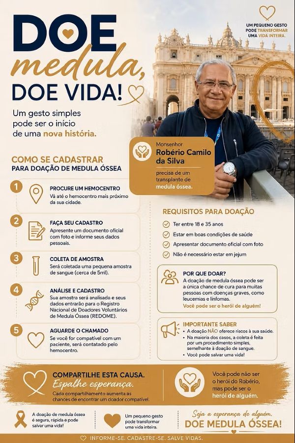 Leia mais sobre o artigo Monsenhor Robério Camilo da Silva necessita de transplante de medula óssea; campanha incentiva cadastro de novos doadores