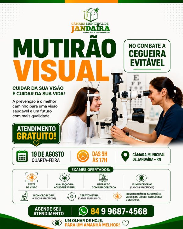 Leia mais sobre o artigo Câmara Municipal de Jandaíra realizará mutirão visual dia 19 de agosto