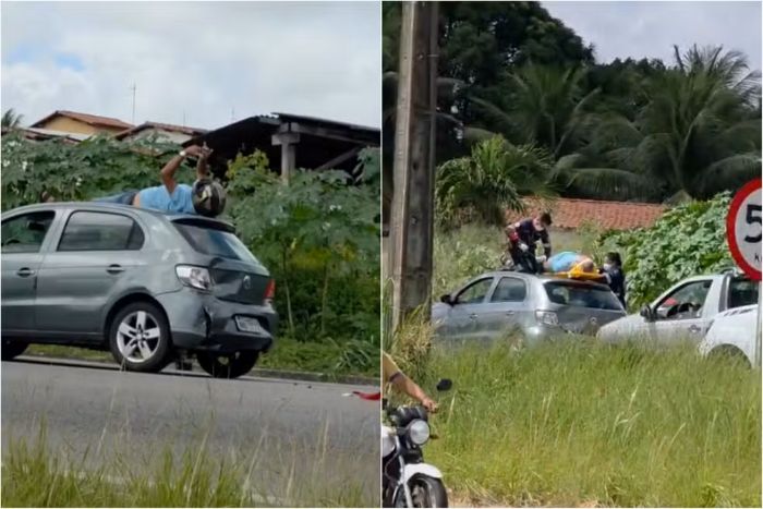 Leia mais sobre o artigo Motociclista vai parar em cima de carro após acidente na BR 406