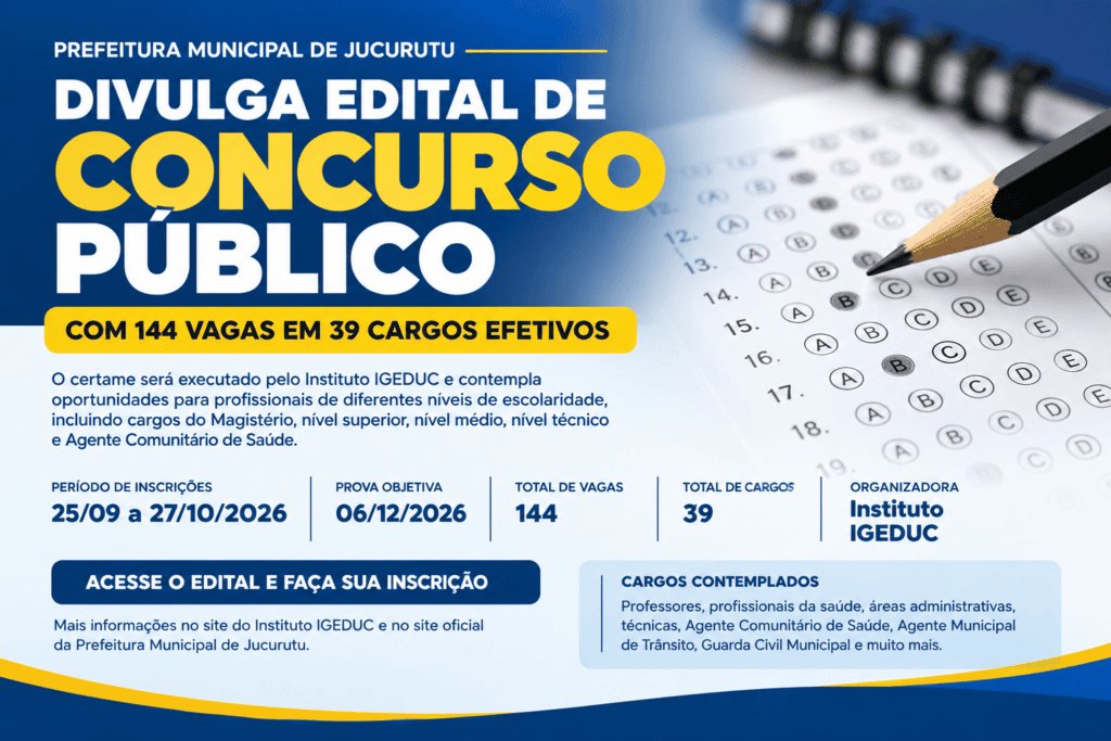 No momento, voc&ecirc; est&aacute; visualizando Prefeitura de Jucurutu divulga edital de Concurso P&uacute;blico com 144 vagas e sal&aacute;rios de at&eacute; R$ 4.867,69