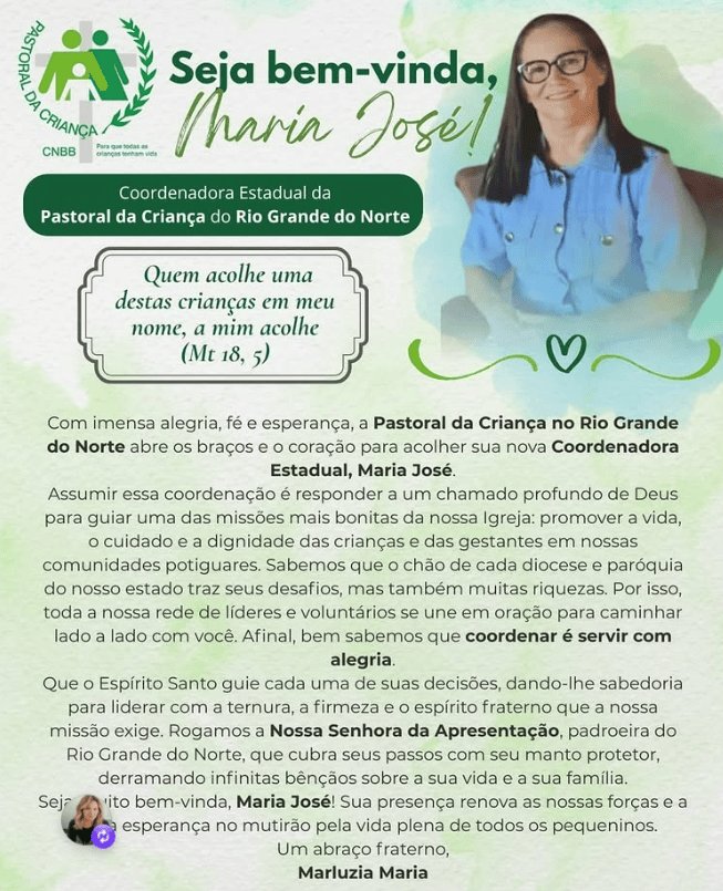 No momento, voc&ecirc; est&aacute; visualizando Jo&atilde;o C&acirc;mara: Maria Jos&eacute; &eacute; nomeada Coordenadora Estadual da Pastoral da Crian&ccedil;a