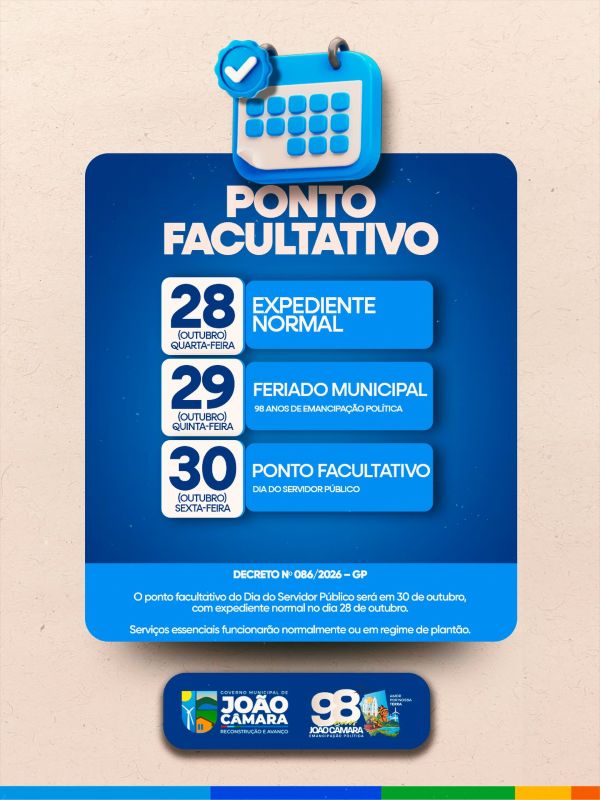 Leia mais sobre o artigo Prefeitura de João Câmara decreta ponto facultativo nos dias 29 e 30 de outubro